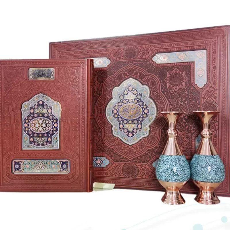 قرآن رحلی چرم جعبه لپتاپی با 2گلدان فیروزه