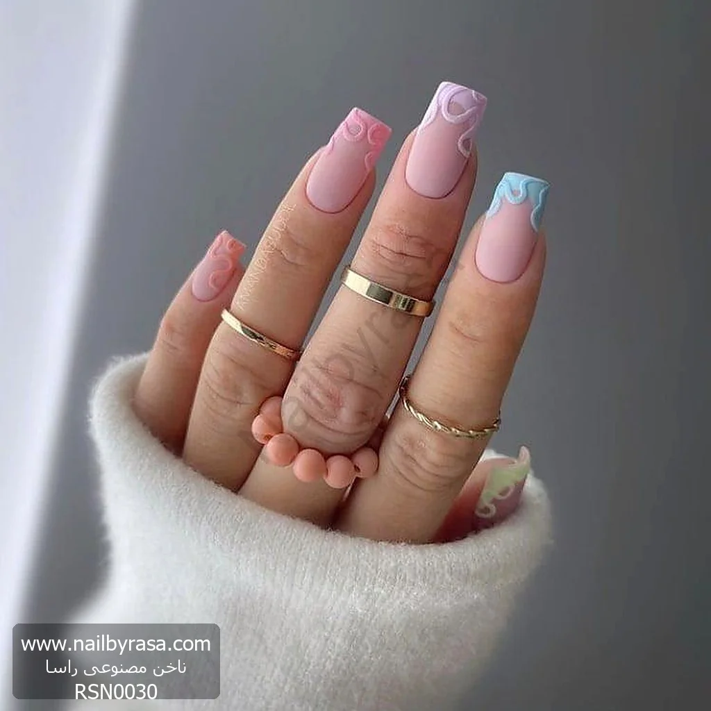 ناخن مصنوعی طرح فرنچ سه بعدی و برجسته پاستلی مات مربعی بلند راسا - RSN0030