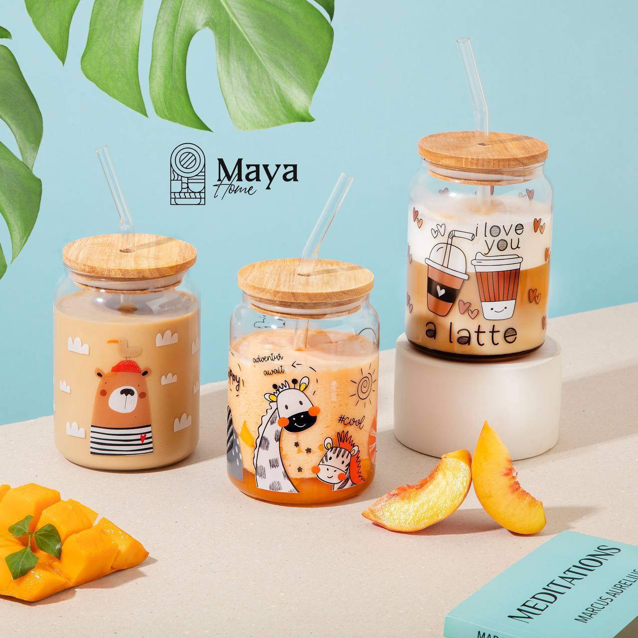 لیوان اسموتی مایا طرح حیوانات Maya درب چوبی نی دار