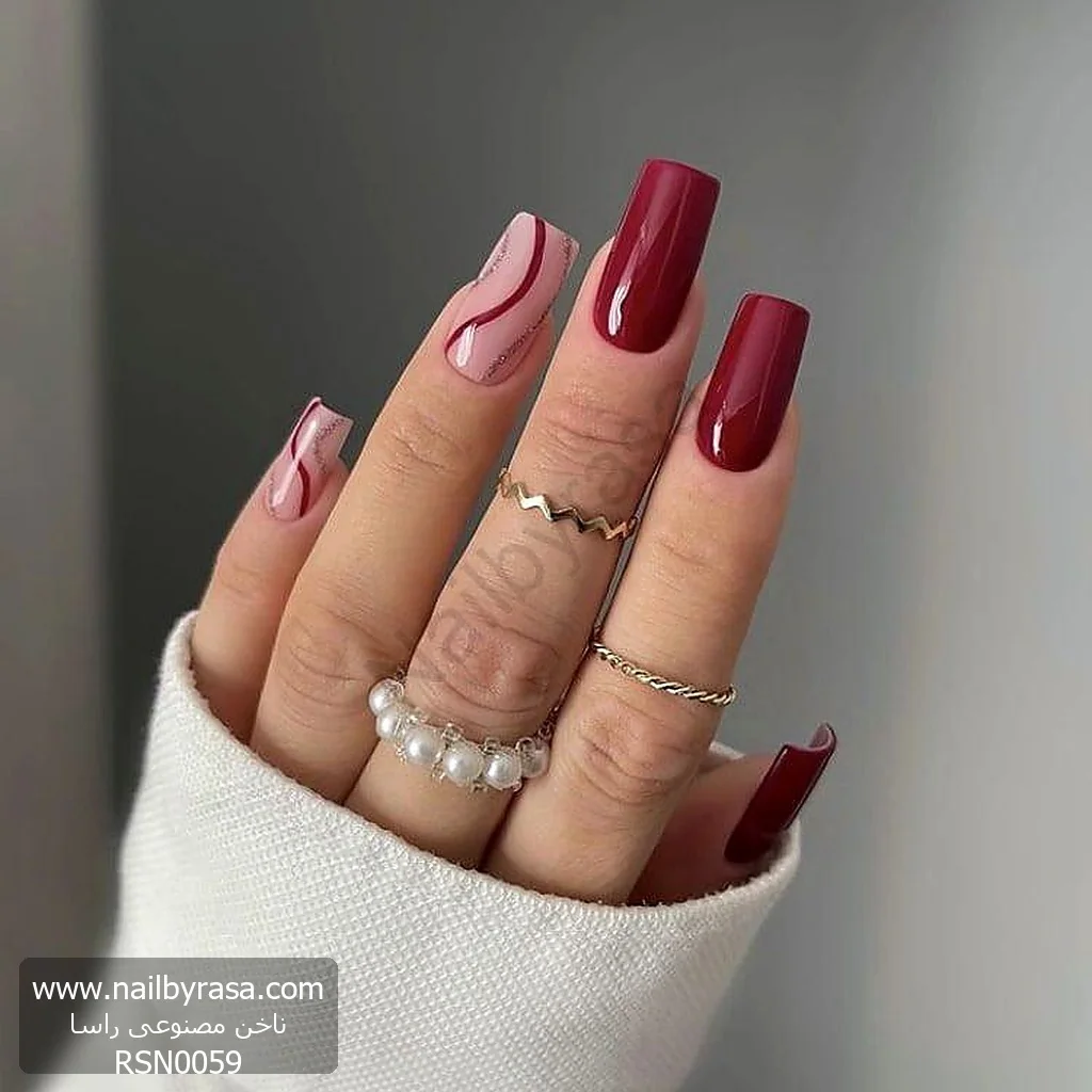 ناخن مصنوعی طرح خطی و موج‌دار زرشکی و نود براق مربعی بلند راسا - RSN0059