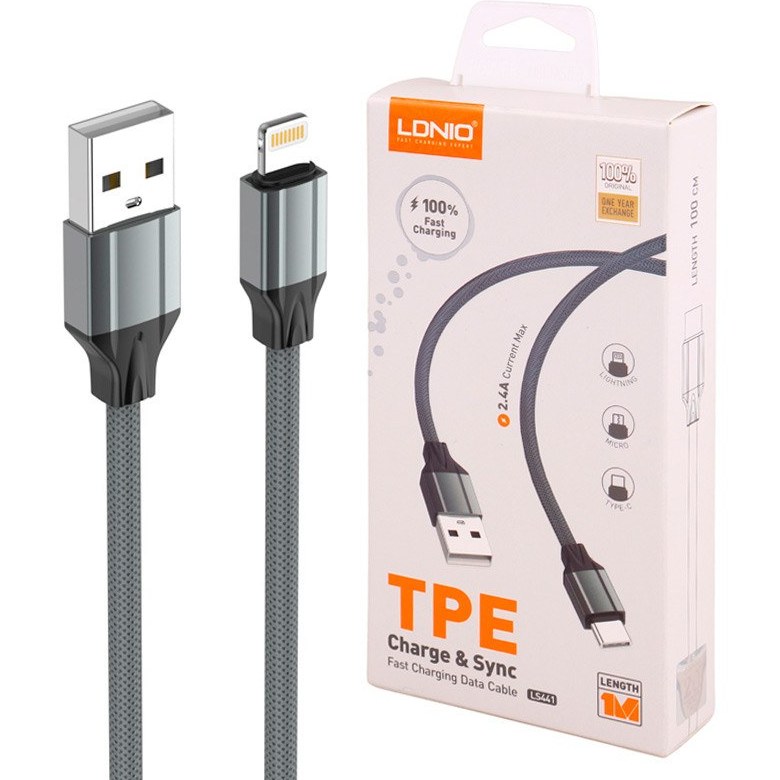 کابل لایتنینگ فست شارژ 2.4 آمپر الدینیو LS441 طول 1 متر