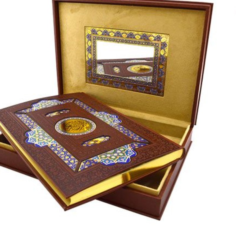 قرآن رحلی چرم جعبه دار نفیس پلاک رنگی آینه دار
