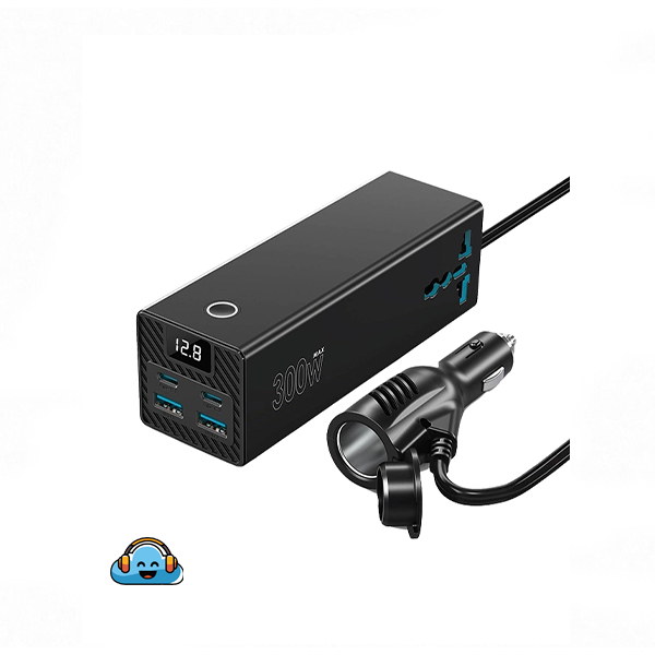 اینورتر فندکی خودرو پاورولوژی مدل PWCUQC038 ظرفیت ۳۰۰ وات با دو خروجی ۲۲۰ ولت