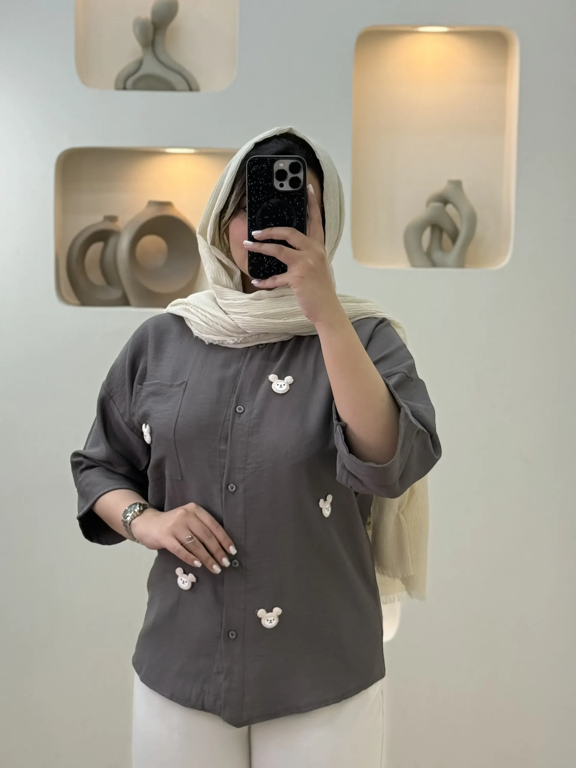 شومیز تک جیب خرس-11882 - طوسی