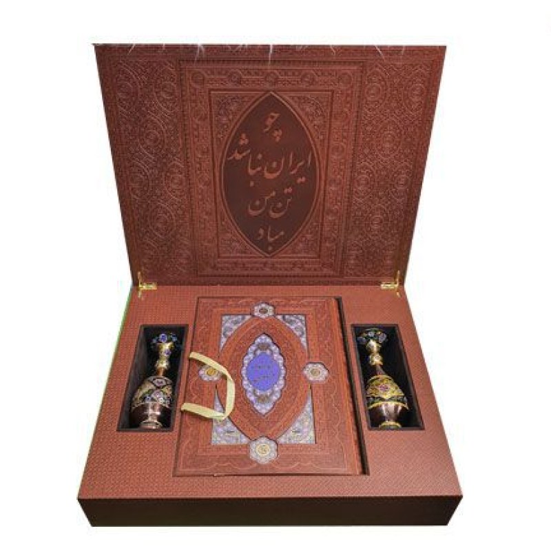 ست شاهنامه رحلی معطر چرم جعبه دار نفیس به همراه 2گلدان مس و پرداز