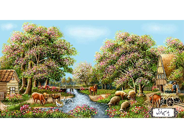 نخ و نقشه تابلو فرش طرح زندگی در روستا - کد NV810