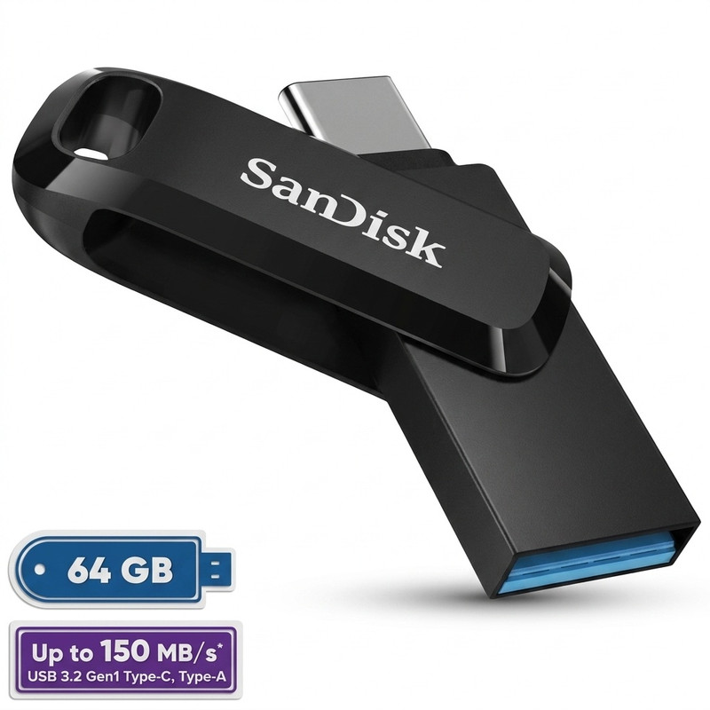 فلش مموری سن دیسک 64 گیگابایت مدل Ultra Dual Drive Go با دو رابط USB Type-C و USB Type-A، استاندارد USB 3.2 Gen1، طراحی چرخشی، سازگار با اندروید، iOS، ویندوز و مک، مناسب گوشی، تبلت، کامپیوتر و تلویزیون - مشکی