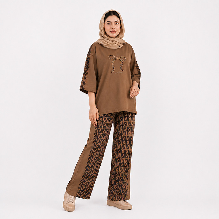ست لباس راحتی زنانه تی شرت و شلوار نخ مدل پاپیون