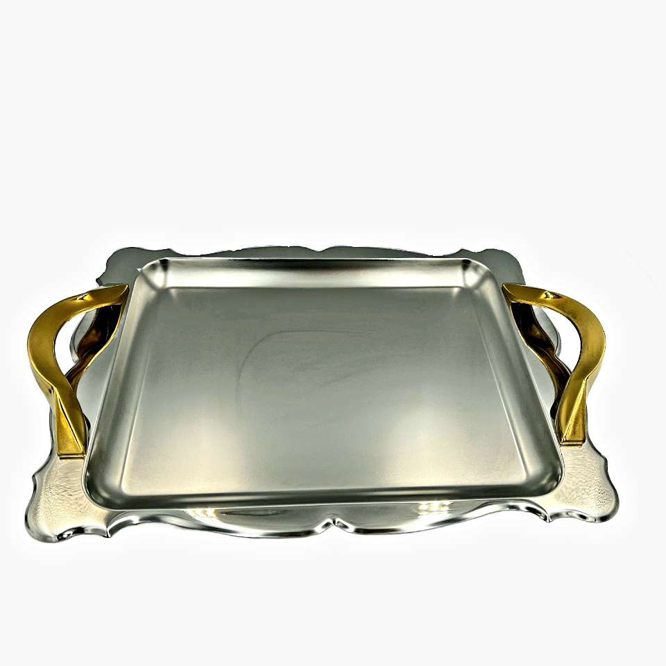 سینی استیل مستطیل لبه دالبر دسته دیاموند طلایی بدون پایه