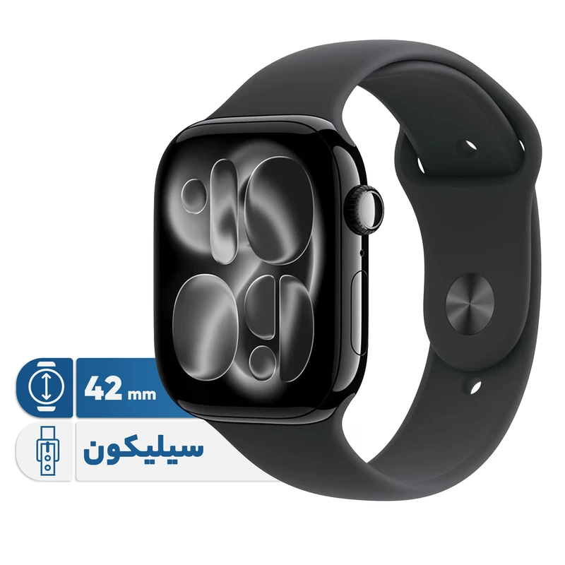 ساعت هوشمند 42 میلی متری اپل مدل Series 11 Aluminum Case با بند سیلیکونی بدنه خاکستری بند مشکی