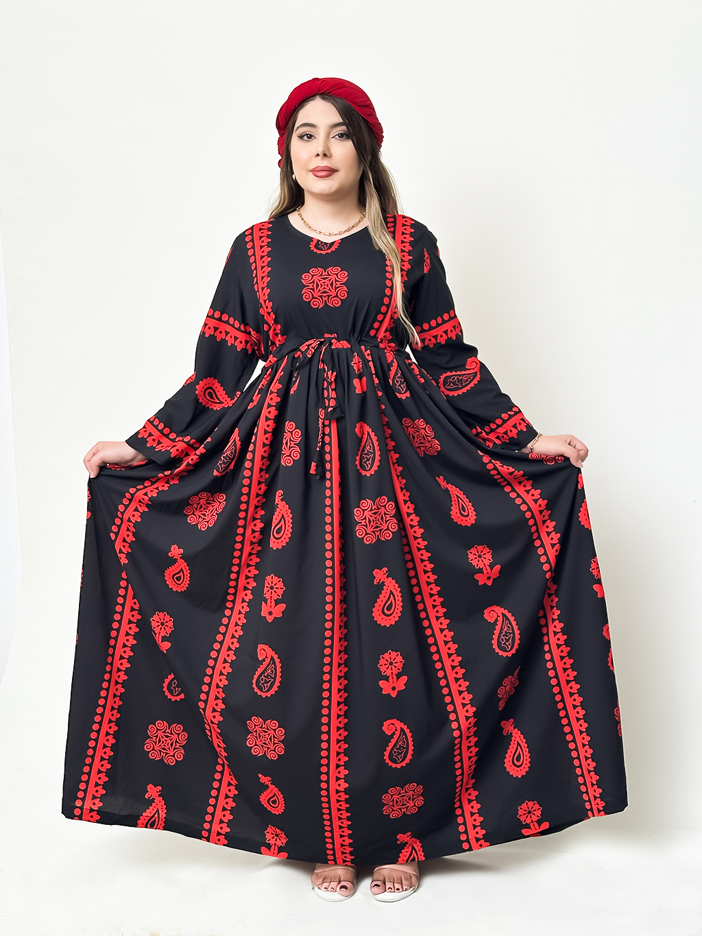 پیراهن بلند سنتی طرح گلونی هەوری قرمز