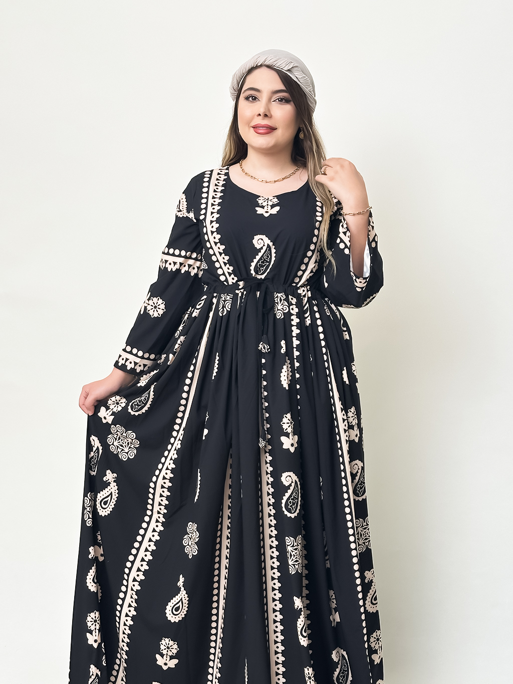 پیراهن بلند سنتی طرح گلونی هەوری کرم