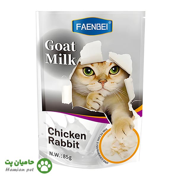 پوچ گربه فنبی(FAENBEI) طعم مرغ و خرگوش در شیر بز وزن ۸۵ گرم