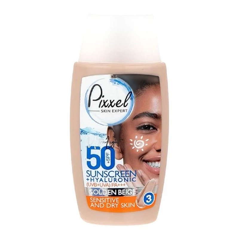 ضد آفتاب پیکسل +SPF50 رنگی بژ طلایی مناسب پوست خشک و نرمال و حساس 50 میل
