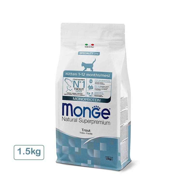 غذای خشک بچه گربه مدل Monge Natural Superpremium Monoprotein Kitten Cat Trout طعم ماهی قزل آلا وزن 1.5 کیلوگرم