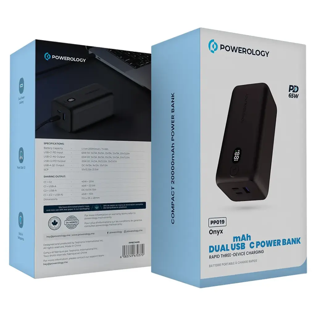 پاوربانک 20000 با توان 65 وات پاورولوژی Powerology Onyx Power Bank PPBCHA19