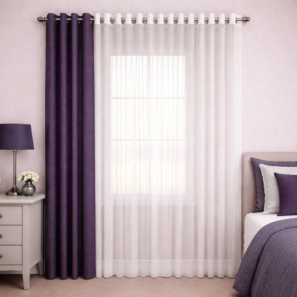 پرده آماده پانچی 1.5 متری حریر ساده با کناره کتان بنفش دودی (kr-836) کد P045