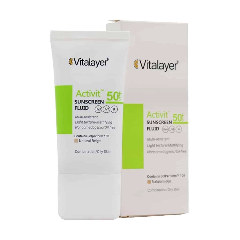 فلوئید ضد آفتاب ویتالیر رنگی بژ طبیعیSPF50 پوست چرب اکتی ویت 50 میل