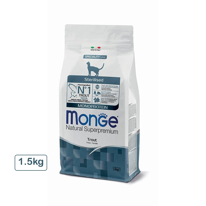 غذای خشک گربه مدل Monge Natural Superpremium Monoprotein Sterilised Cat Trout طعم ماهی قزل آلا وزن 1.5 کیلوگرم