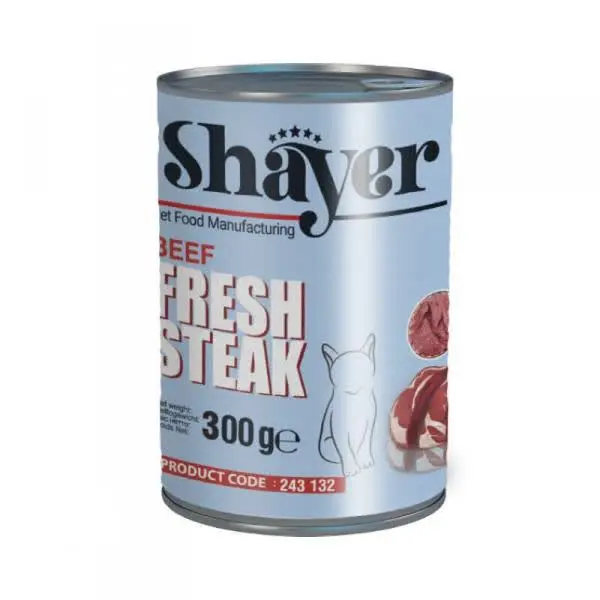 کنسرو گربه شایر (SHAYER) با طعم استیک بیف ۳۰۰ گرم