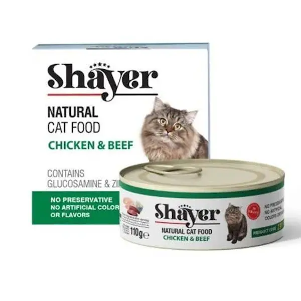 کنسرو نچرال گربه شایر (SHAYER) طعم مرغ و بیف 110 گرم