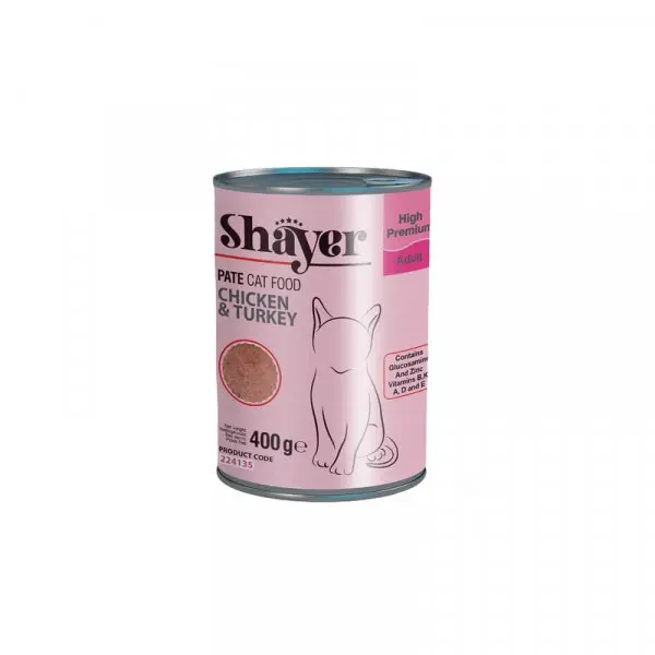 کنسرو پته گربه شایر (SHAYER) طعم مرغ و بوقلمون 400 گرم