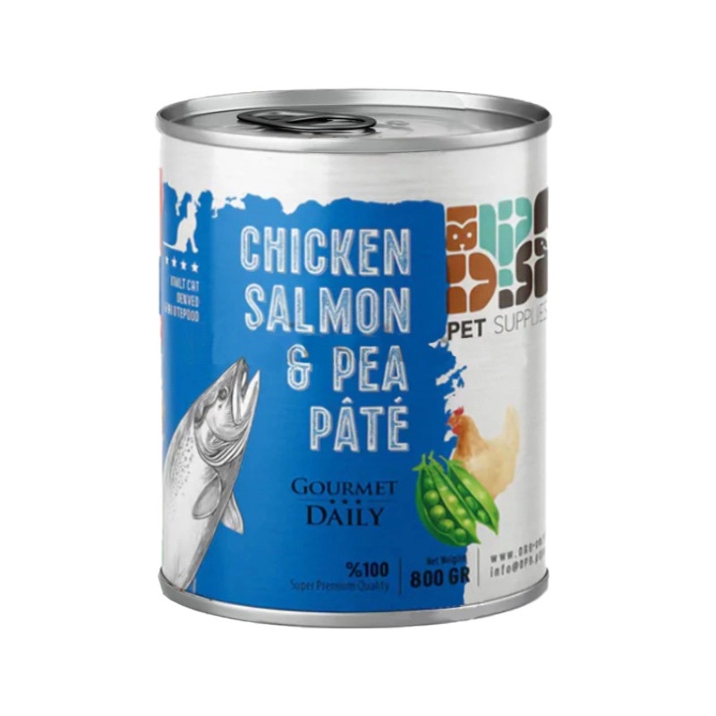 کنسرو سوپر پریمیوم گربه بالغ DPS پته مرغ و سالمون و نخود فرنگی 800 گرم