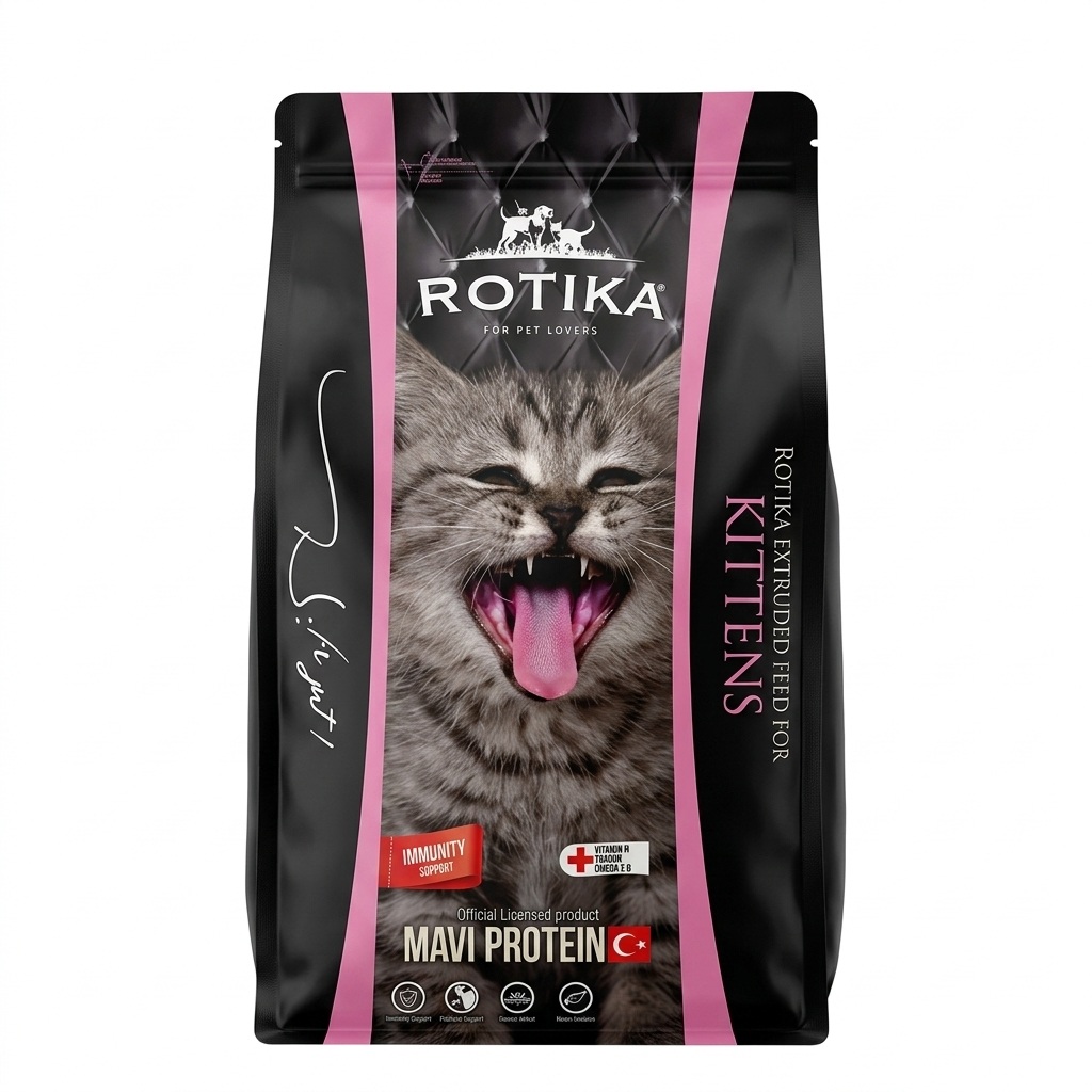 غذا خشک بچه گربه روتیکا (ROTIKA) کیتن طعم مرغ و گوشت و ماهی قزل‌آلا وزن نیم کیلوگرم فله