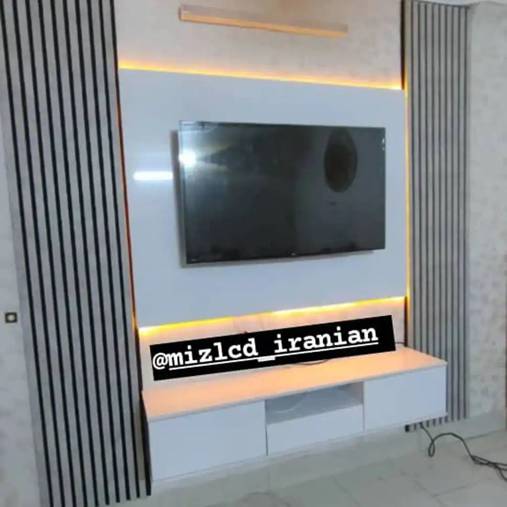 میز تلویزیون دیواری (TV wall) ساده و شیک رنگ سفید + ترمووال میز ایرانیان
