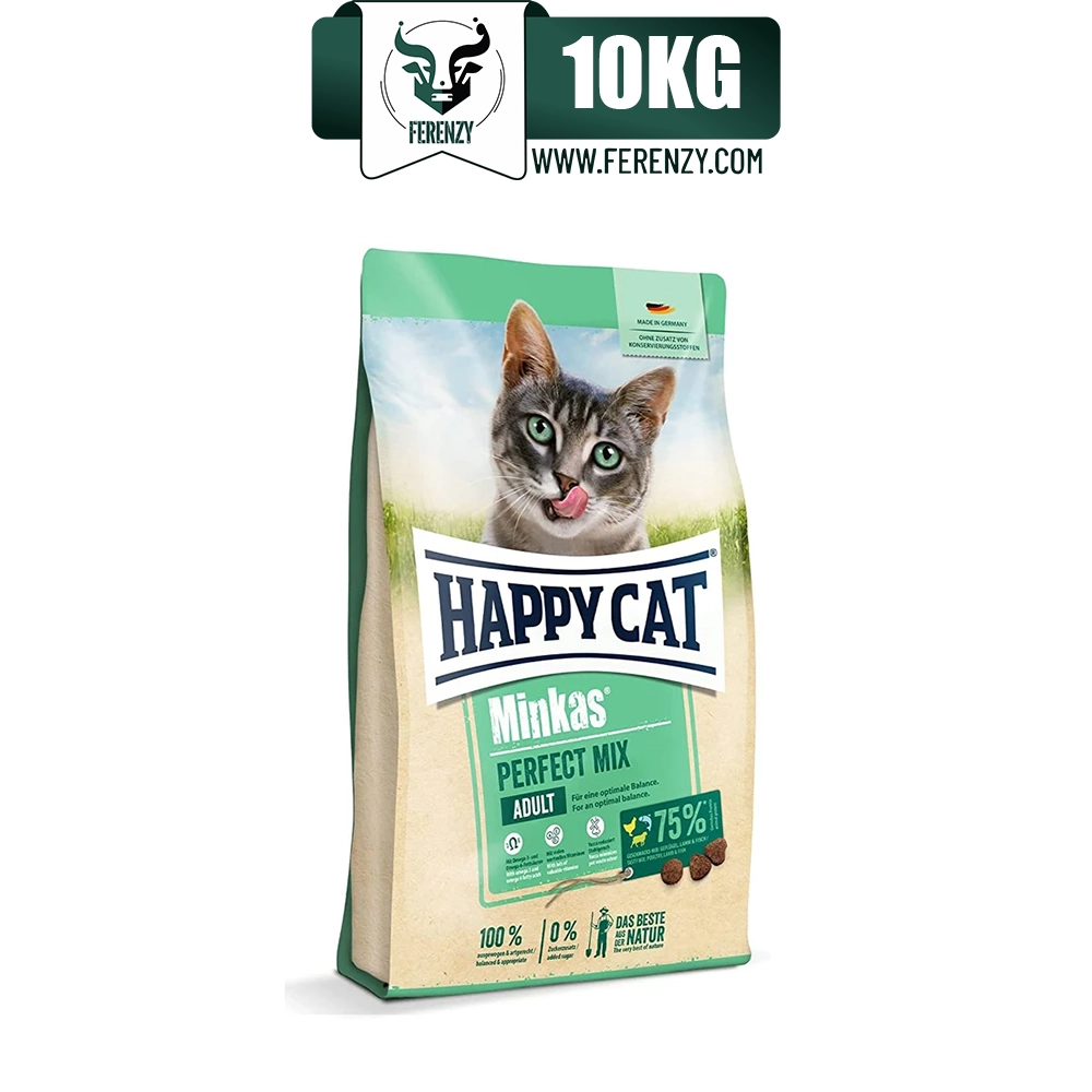 غذای خشک گربه بالغ هپی کت مدل مینکاس پرفکت میکس طعم مرغ و ماهی و بره وزن 10 کیلوگرم Mix HappyCat