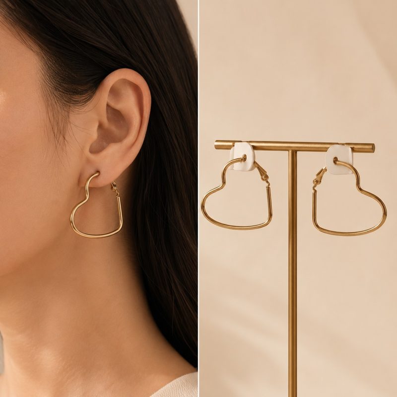 گوشواره میخی طلایی حلقه‌ای طرح قلب