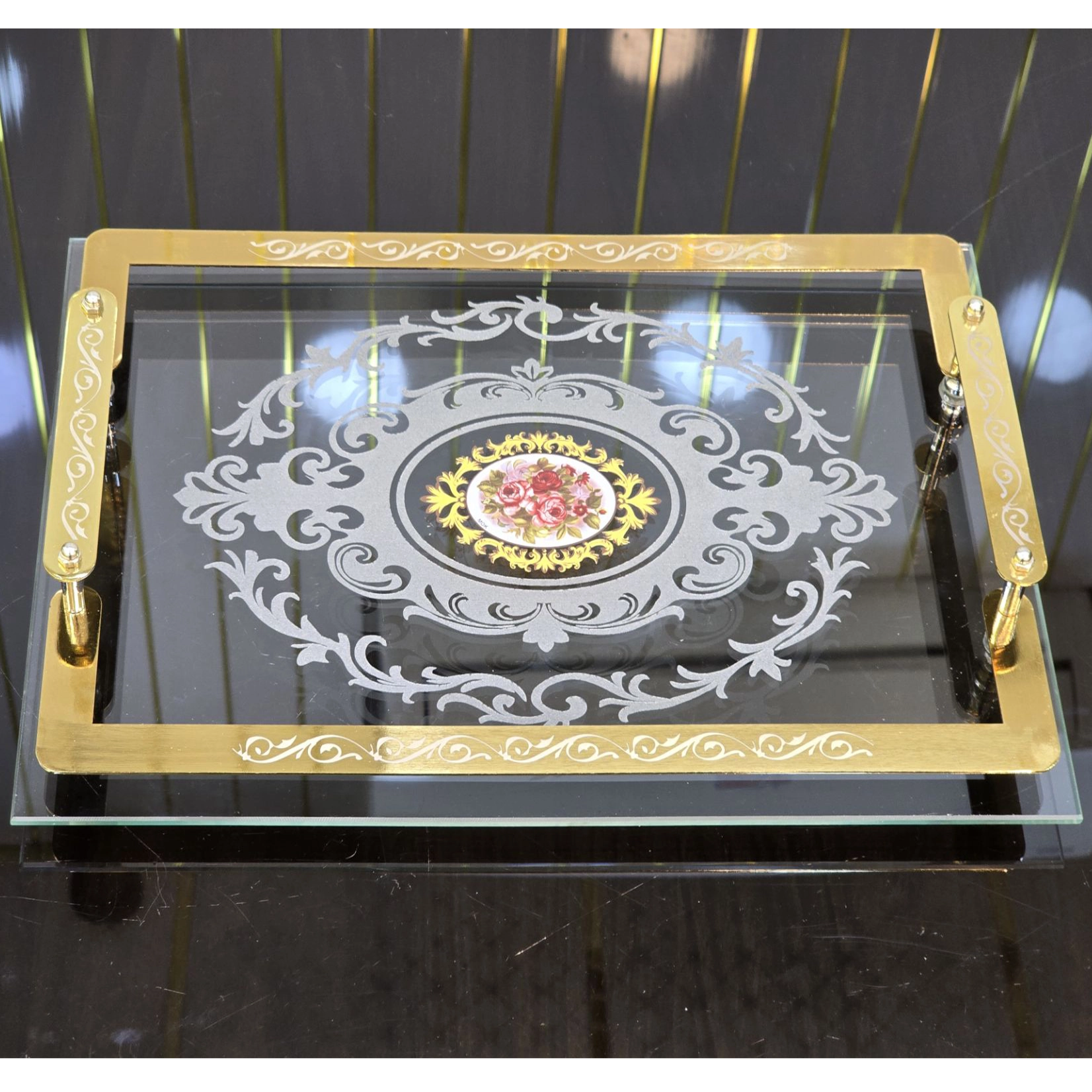 سینی وینتج گل رز | سینی کف شیشه ای لوکس کد 266