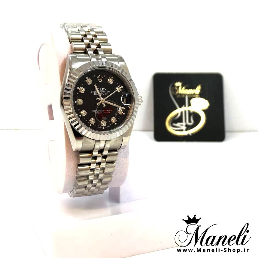 ساعت رولکس نقره ای صفحه مشکی زنانه rolex