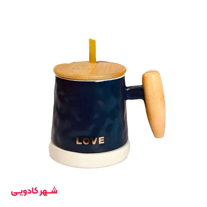 ماگ سرامیکی دسته چوبی حجم 300 میلی لیتر
