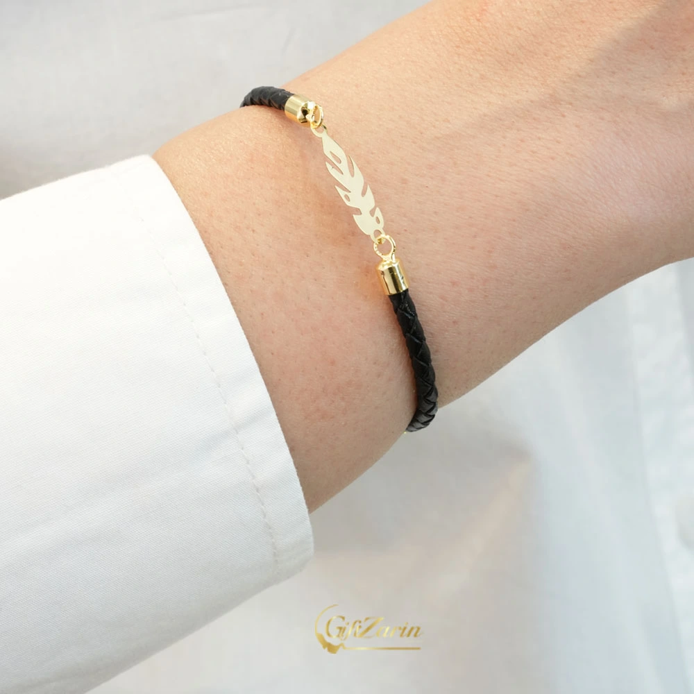 دستبند چرم و طلا برگ B240