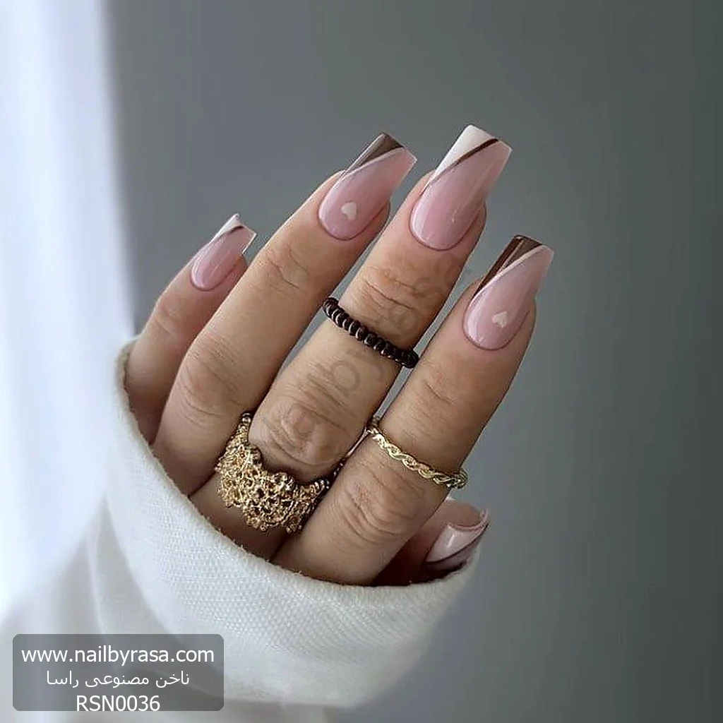ناخن مصنوعی طرح فرنچ مدرن قهوه‌ای شکلاتی و قلب سفید مربعی بلند راسا - RSN0036