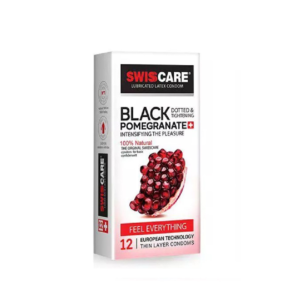 کاندوم تنگ کننده و خاردار سوئیس کر مدل Black Pomegranate بسته 12 عددی انقضا2028