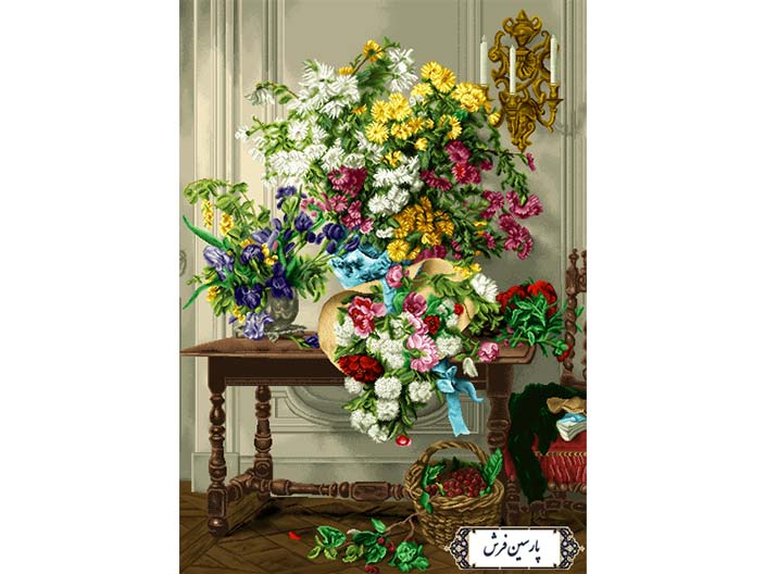 نخ و نقشه تابلو فرش طرح میز پر از گل - کد NG1440