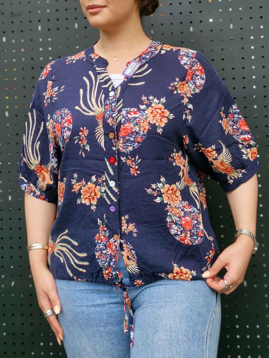 شومیز سرمه ای گلدار استین سه ربع