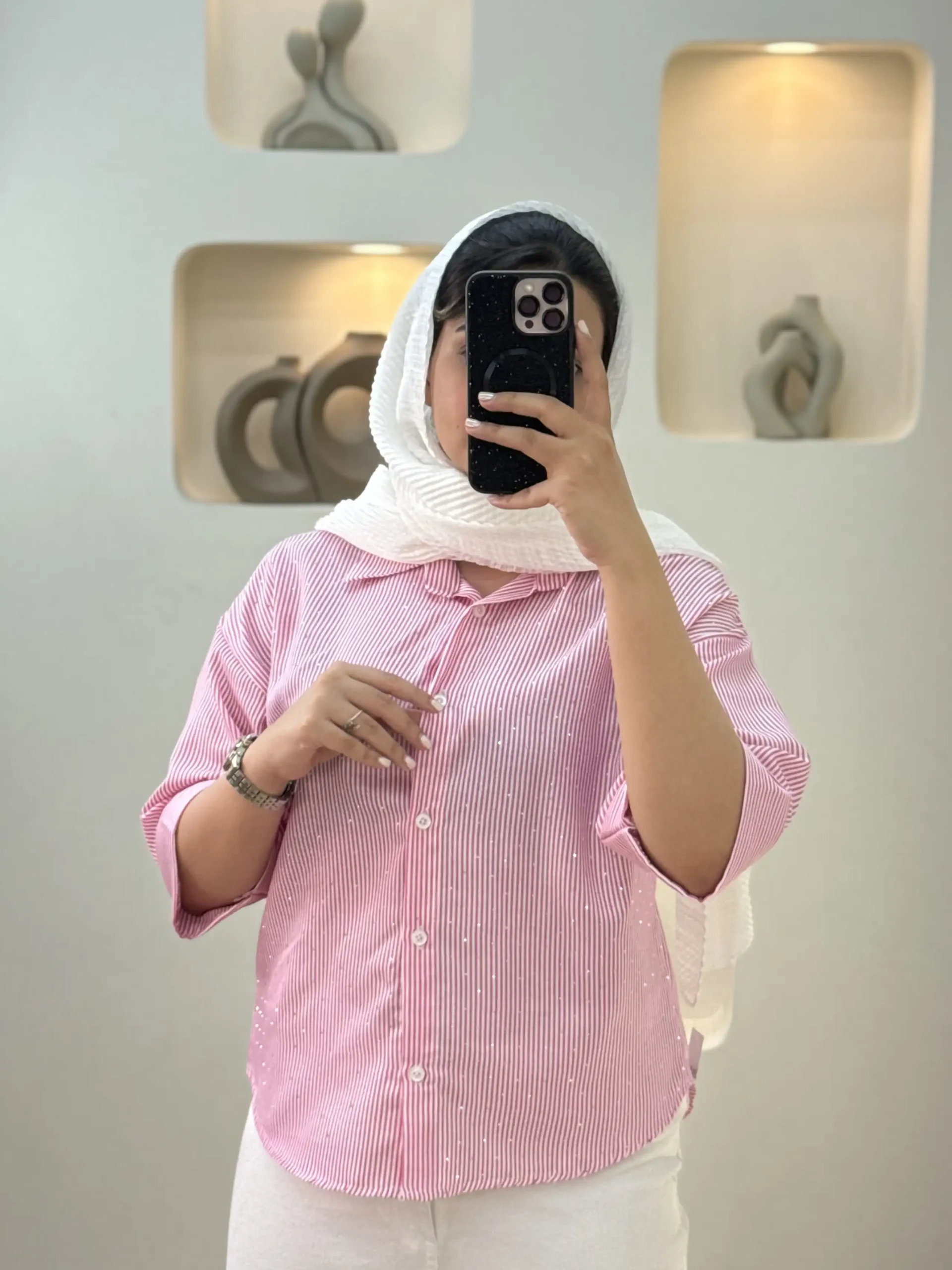 شومیز راه راه پاکتی جلو نگین-10261 - صورتی