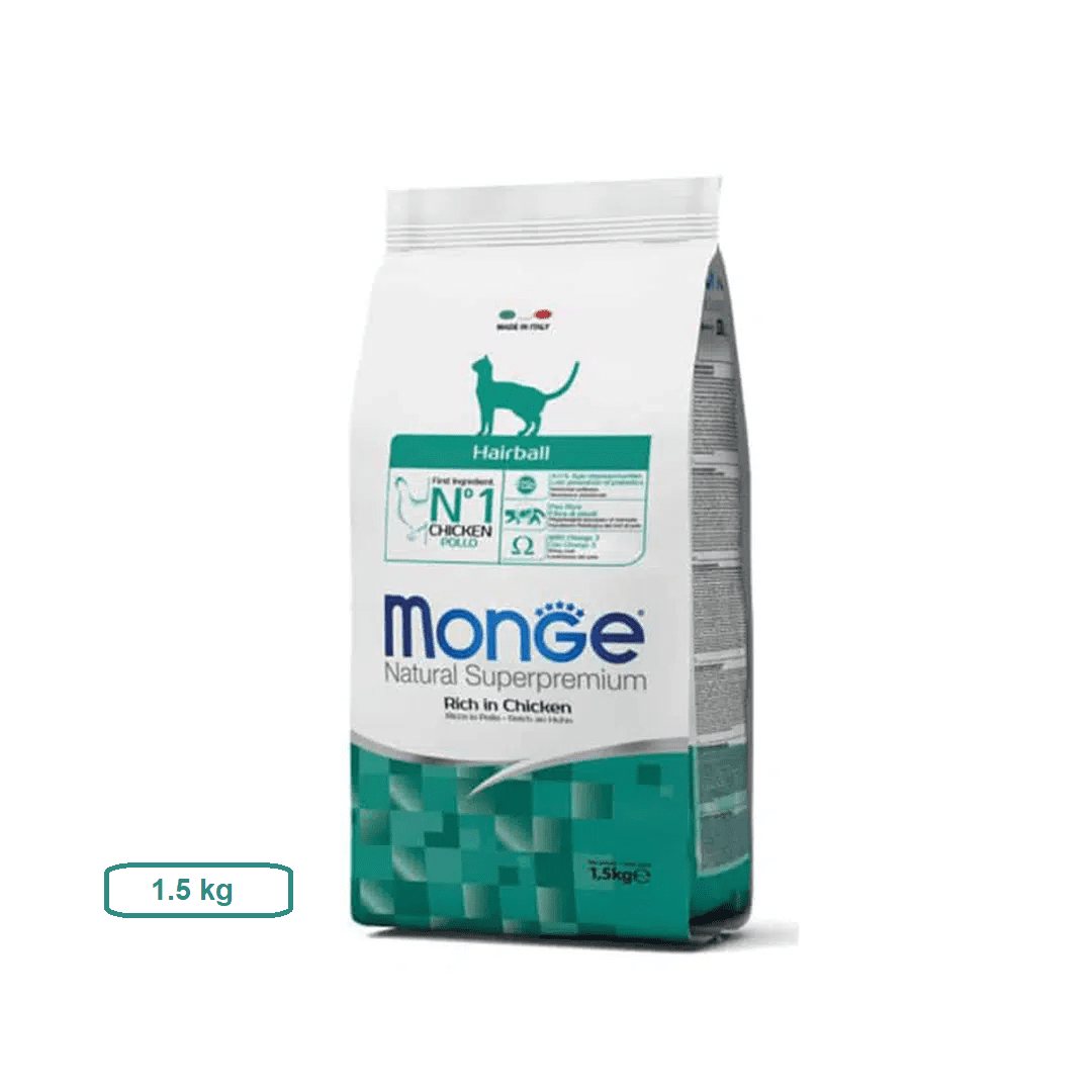 غذای خشک گربه مونژه مناسب دفع گلوله های مویی با طعم مرغ Monge Hairball Cat Food With Chicken وزن 1.5 کیلوگرم