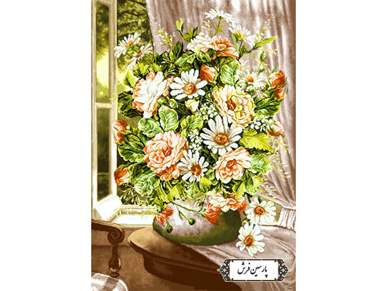 نخ و نقشه تابلو فرش گلدان کنار پنجره - کد NG1645