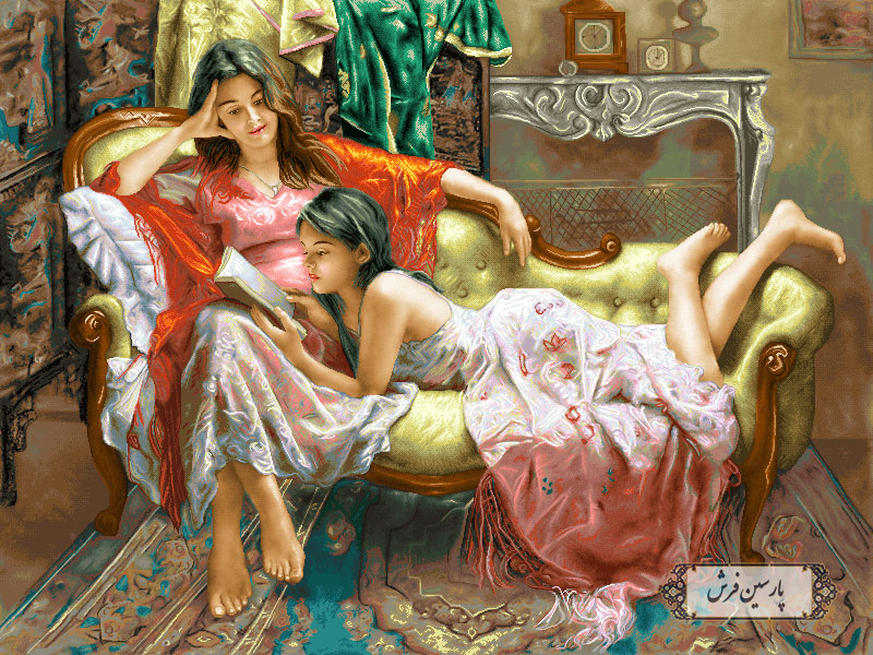 خرید نخ و نقشه تابلو فرش طرح خواهران کتاب خوان- کد NF2112