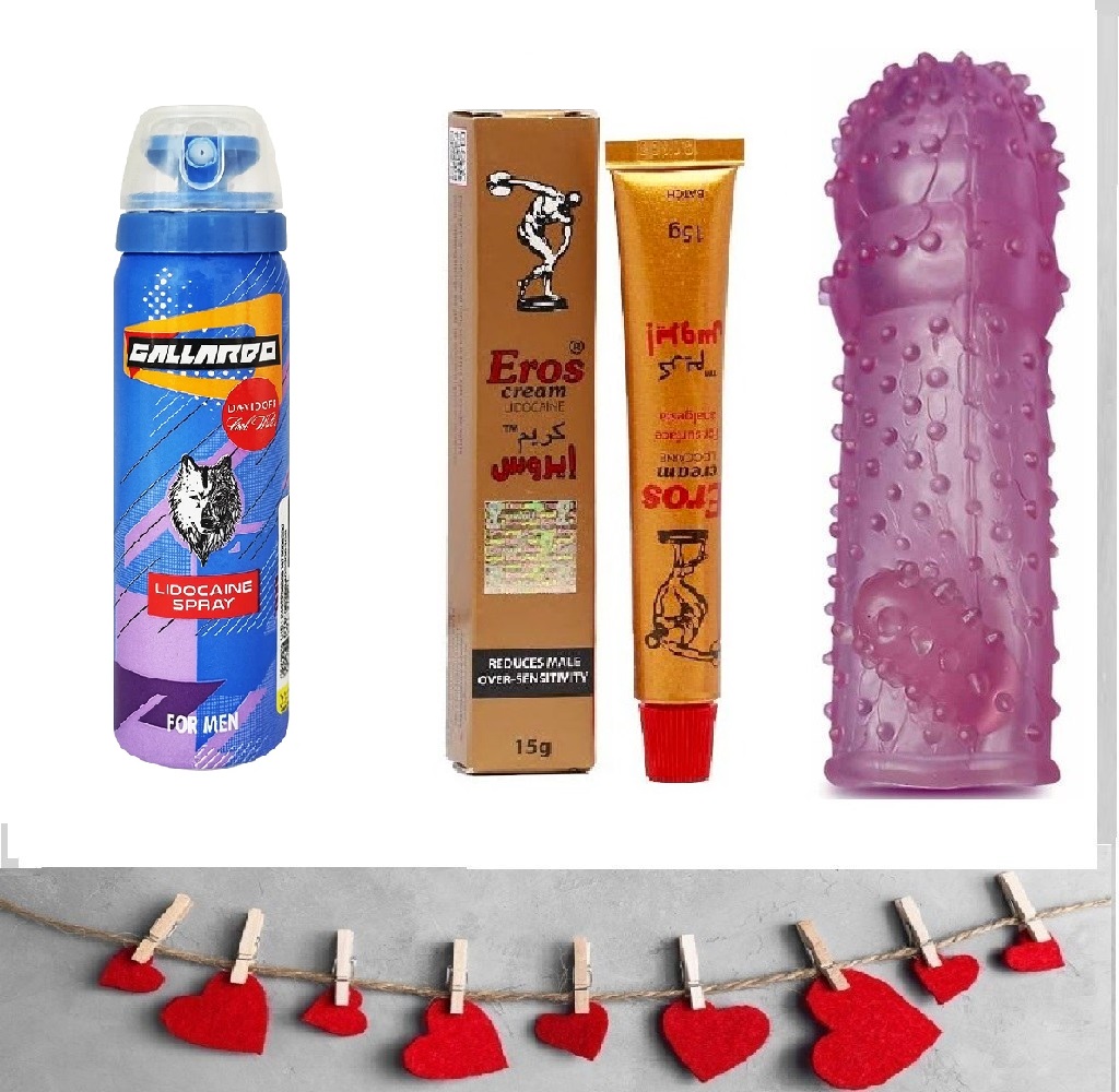 کرم تاخیری اروس + کاندوم سیلیکونی خاردار ضخیم و درجه 1 + اسپری تاخیری گالاردو (پکیج زناشویی)