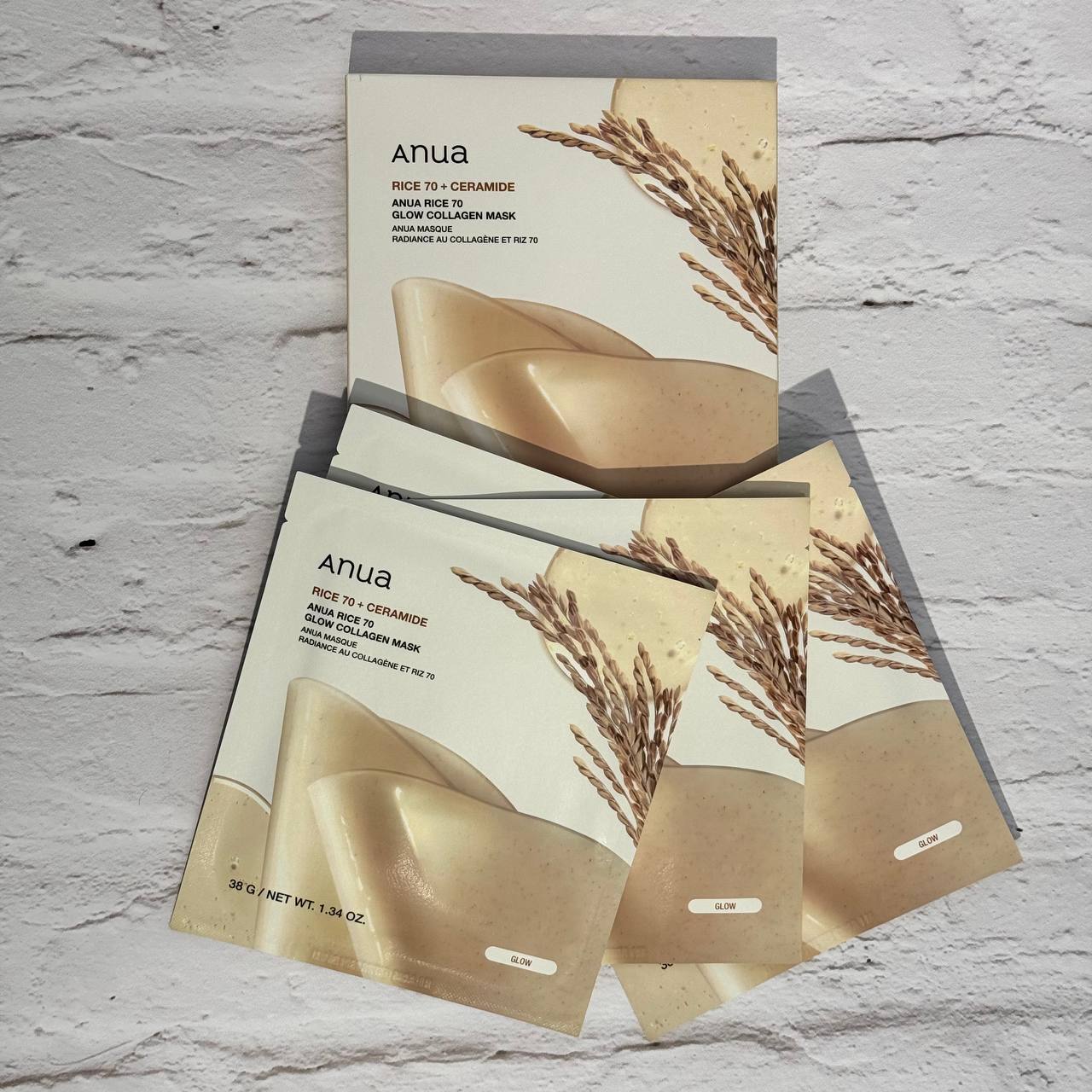 ماسک ورقه‌ای برنج و سرامید آنوا 1 ورق باز شده از پک Anua Rice 70 + Ceramide Glow Collagen Mask