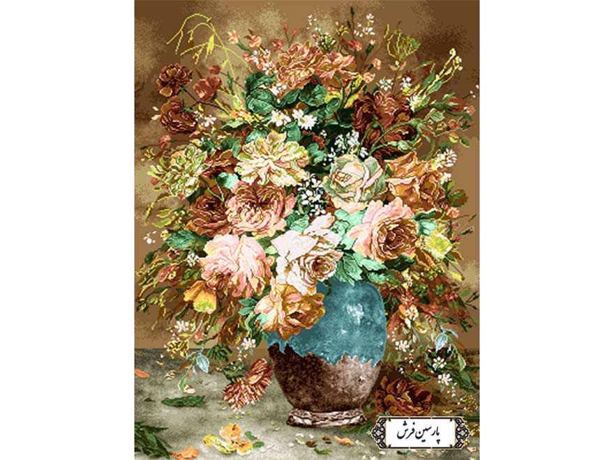 نخ و نقشه تابلو فرش گل و گلدان فیروزه ای - کد NG1539