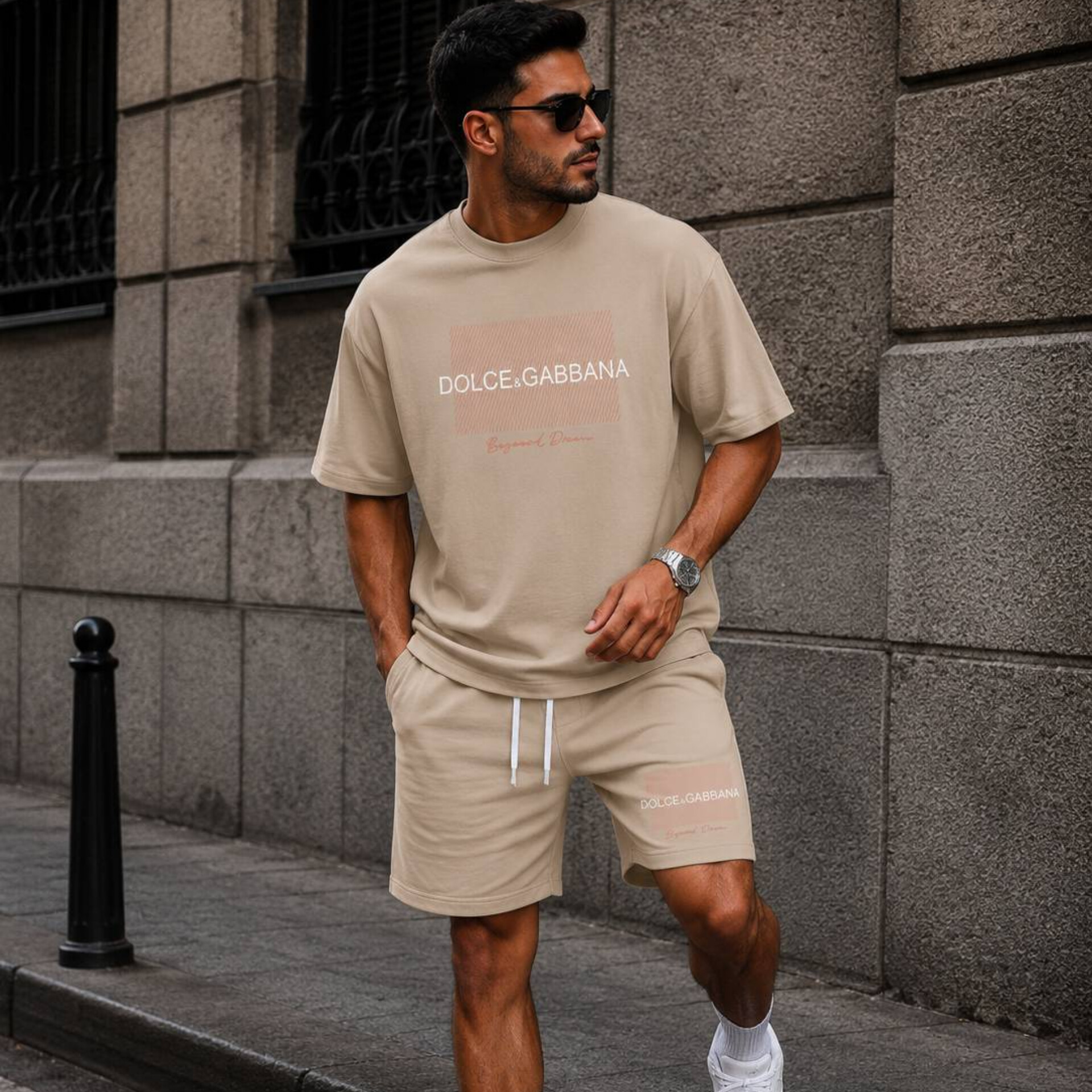 ست تیشرت شلوارک مردانه D&G|بوتیک ماموت - کرم, XXXL