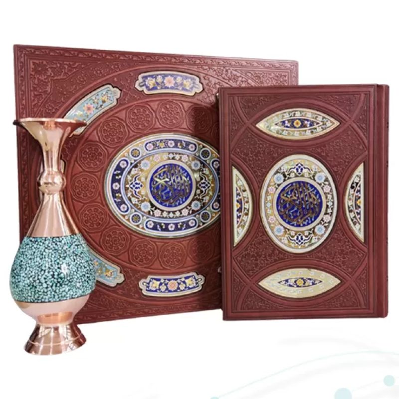 قرآن وزیری چرم با گلدان فیروزه