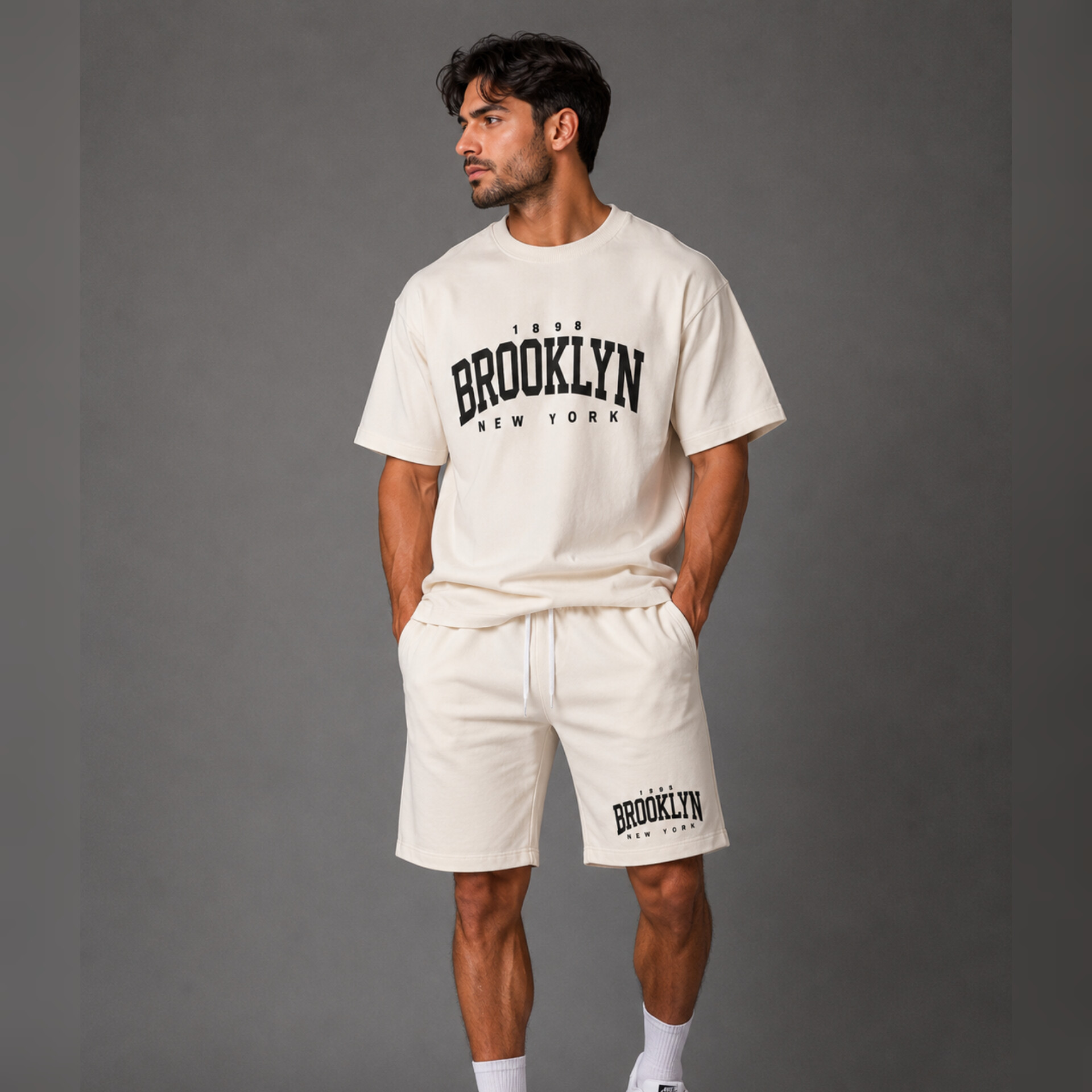 ست تیشرت شلوارک مردانهBROOKLYN|بوتیک ماموت - کرم روشن, XL