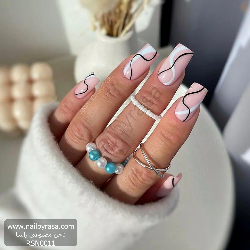 ناخن مصنوعی طرح خطی انتزاعی (Swirl) صورتی و مشکی مربعی بلند راسا - RSN0011
